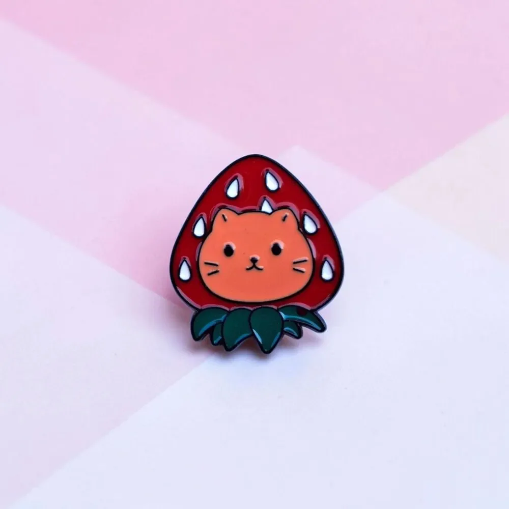 Kawaii Orange Cat in Strawberry Hood Enamel Pin | Cute Fruit Kitty Lapel Badge